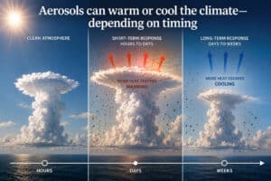 Illustration of interactions between aerosols and clouds and their changing impact on Earth's climate over time. Credit: The Hebrew University of Jerusalem / Illustration created with artificial intelligence