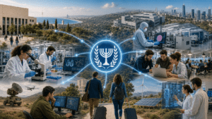 המדע הישראלי נשען על החיבור בין אוניברסיטאות, מימון ציבורי, ביטחון, תעשייה ויזמות. הניסיון האמריקני מלמד כי החיבור הזה זקוק לחופש מחקר, יציבות והשקעה ארוכת טווח. איור: אתר הידען באמצעות בינה מלאכותית.