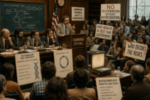 A historical illustration of a public meeting in a city hall in the 1970s. Scientists sit on one side, flanked by DNA diagrams and laboratory equipment; in front of them are residents and public representatives discussing research safety. The image highlights the intersection of scientific expertise, citizen oversight, and democratic decision-making.