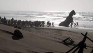 The Trojan army rescues the Trojan Horse model, the brainchild of Odysseus (Courtesy of Tulip Entertainment)