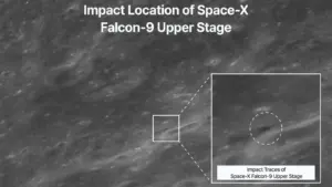 Image caption: The South Korean lunar orbiter Danuri photographed the crater that opened up after the upper stage of the Falcon 9 launcher hit the moon on August 5, 2026. Image credit: KARI – Korea Aerospace Research Institute Alternative text: The crater formed on the moon after the upper stage of the Falcon 9 rocket hit the moon, as photographed by the Danuri orbiter.