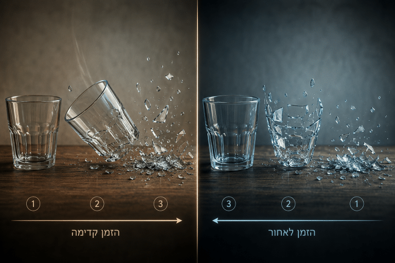 למה הזמן נע רק קדימה? חץ הזמן – מדוע הזמן נע רק קדימה? כיתוב: כוס זכוכית נשברת ממחישה את חץ הזמן: אנו רואים שוב ושוב עצמים נשברים ומתפזרים, אך איננו רואים את השברים מתכנסים מעצמם בחזרה למצבם המקורי. ALT: המחשה של חץ הזמן באמצעות כוס זכוכית שלמה, נשברת ומתחברת מחדש בכיוון ההפוך תיאור: המחשה של חץ הזמן והאנטרופיה. בעוד שתהליך שבירת הכוס מוכר מחיי היום־יום, התהליך ההפוך אפשרי עקרונית ברמת חוקי תנועה רבים אך בלתי סביר באופן קיצוני במערכת מקרוסקופית. שם קובץ: arrow-of-time-entropy-broken-glass.png קרדיט: נוצר באמצעות בינה מלאכותית
