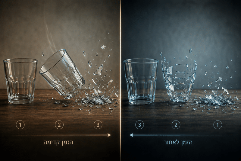 למה הזמן נע רק קדימה? חץ הזמן – מדוע הזמן נע רק קדימה? כיתוב: כוס זכוכית נשברת ממחישה את חץ הזמן: אנו רואים שוב ושוב עצמים נשברים ומתפזרים, אך איננו רואים את השברים מתכנסים מעצמם בחזרה למצבם המקורי. ALT: המחשה של חץ הזמן באמצעות כוס זכוכית שלמה, נשברת ומתחברת מחדש בכיוון ההפוך תיאור: המחשה של חץ הזמן והאנטרופיה. בעוד שתהליך שבירת הכוס מוכר מחיי היום־יום, התהליך ההפוך אפשרי עקרונית ברמת חוקי תנועה רבים אך בלתי סביר באופן קיצוני במערכת מקרוסקופית. שם קובץ: arrow-of-time-entropy-broken-glass.png קרדיט: נוצר באמצעות בינה מלאכותית
