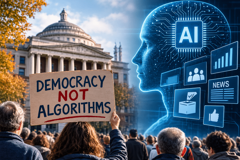 Illustration of pro-democracy protesters in front of a digital AI character and election, news, and social media symbols