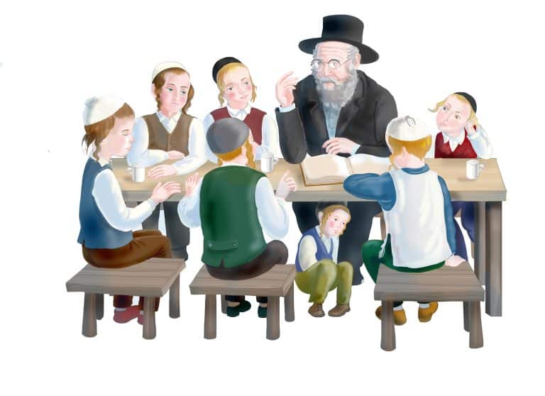 איור של רב עם ילדים חרדים הלומדים תורה – לימודי ליבה בחינוך החרדי